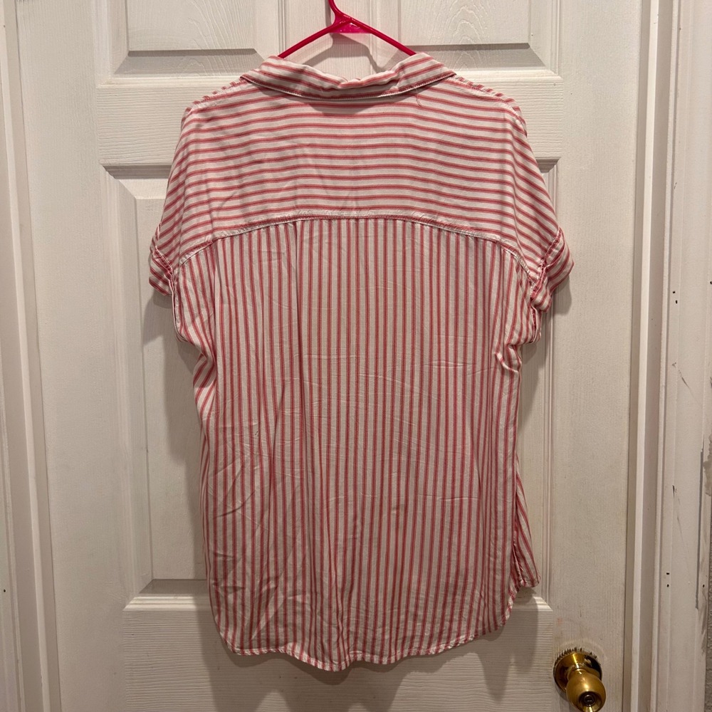 Beachlunchlounge Red White Striped Button Down Short Sleeve Shirt Women Medium - Picture 5 of 6